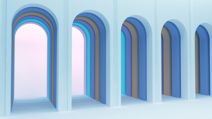 Rounded arches. Arched multi-colored openings in the wall. Architectural gallery. 3d render.