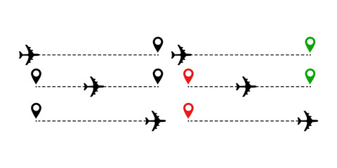 Airplane flight path to location mark. Plane route line. Tourism and travel illustration on  white background