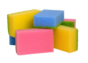 Multi-colored sponges for washing dishes isolated on white background.