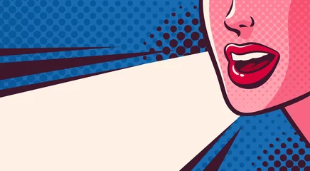 Der Mund der Frau spricht, schreit, macht Ankündigungen und leerer Platz für Text. Gesicht aus nächster Nähe. Comic-Vektor-Illustration auf Pop-Art-Hintergrund. © squaredot_art