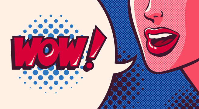 Woman's mouth talking, smiling and speech bubble with wow word. Face close-up. Comic vector illustration on pop art background.