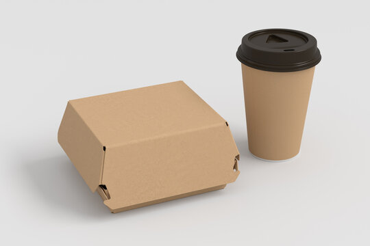 A cardboard food box and take away coffee or tea cup mock up on white background.