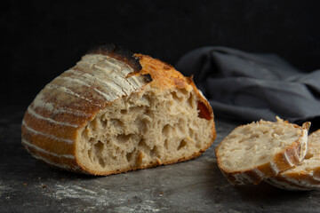 Sourdough rustic homemade healthy bread. Traditional bread, home baking concept.