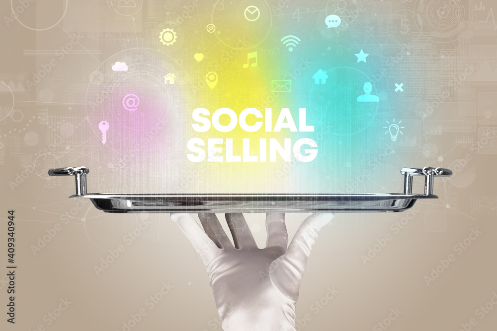 Wall mural waiter serving social networking with social selling inscription, new media concept