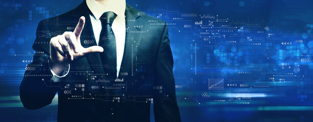 Fototapeta na wymiar Technology screen with businessman on a dark blue background
