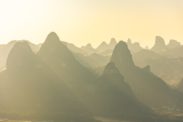 Sunlight over the beautiful karst landscape of Xingping, Guilin, China