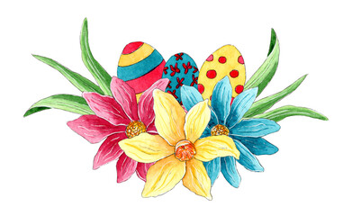 Watercolor Easter composition with flowers and eggs, isolated on white background.