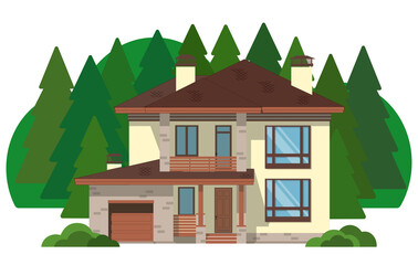 Beautiful modern two-story building with green spruce trees. The facade of brick house with a balcony and garage. House Vector Illustration with greenery around it