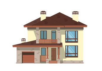 Beautiful modern two-story building. The facade of brick house with a balcony and garage. House Vector Illustration