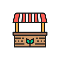 Farmer stall, food market, striped awning flat color line icon.