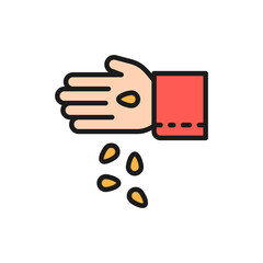 Hand with seeds, gardening, ecology flat color line icon.