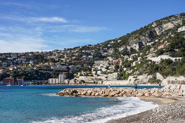 Fototapeta premium Nice view of the coastline and hills of the bay of Villefranche-sur-Mer on the Mediterranean Sea. French Riviera. 