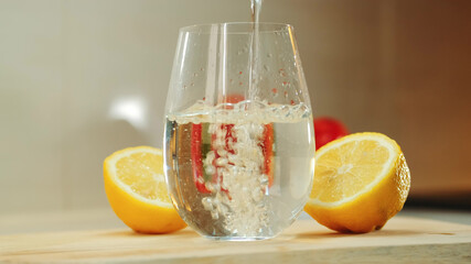 Empty glass between two part of cut lemon on wooden cutting board. Close up shot