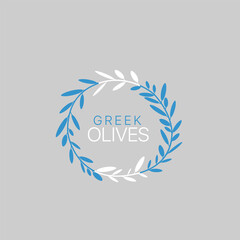Vector design of olive wreath in the colors of the Greek flag with greek olives text in it