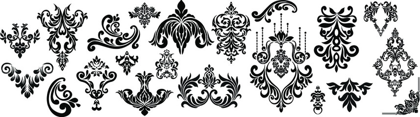 Set Vintage baroque frame scroll ornament engraving border floral retro pattern antique style acanthus foliage swirl decorative design element filigree calligraphy.