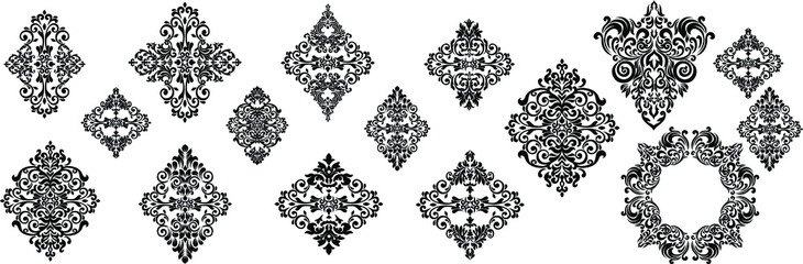 Set Vintage baroque frame scroll ornament engraving border floral retro pattern antique style acanthus foliage swirl decorative design element filigree calligraphy.