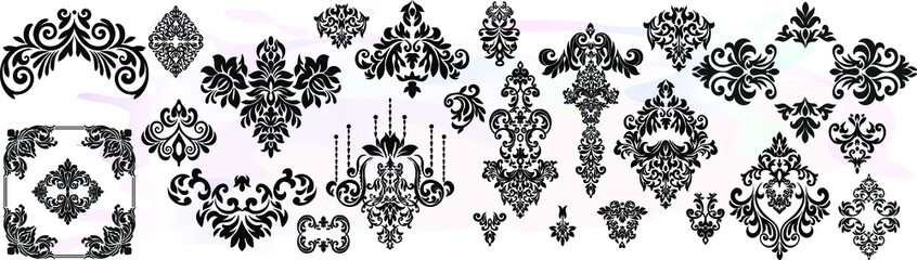 Set Vintage baroque frame scroll ornament engraving border floral retro pattern antique style acanthus foliage swirl decorative design element filigree calligraphy.