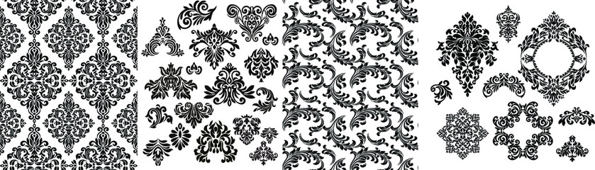 Set Vintage baroque frame scroll ornament engraving border floral retro pattern antique style acanthus foliage swirl decorative design element filigree calligraphy.