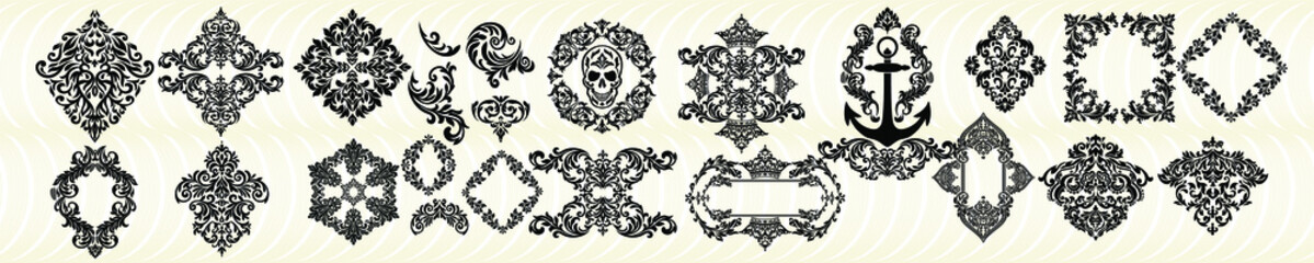 Set Vintage baroque frame scroll ornament engraving border floral retro pattern antique style acanthus foliage swirl decorative design element filigree calligraphy.