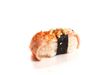 Favorite food of the east which is sushi isolated with white background.