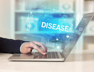 Doctor working a health check with DISEASE inscription, recording medical test results