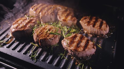 Delicious juicy meat steak cooking on grill. Aged prime rare roast grilling tenderloin fresh marble...