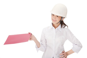 Business woman wearing a safety helmet