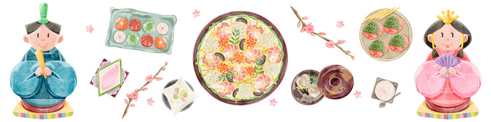 ひな祭りの食卓と雛人形の手描きイラスト