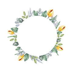 Flower tulip background. Floral circle frame with yellow spring flowers. Tulips posy border isolated. Hand painting floral adorable illustration for wedding, greeting, invite card