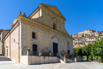 Church of St. Maria Maddalena and the village of Morano Calabro on the right, Calabria, Italy