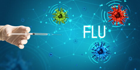 Syringe, medical injection in hand with FLU inscription, coronavirus vaccine concept