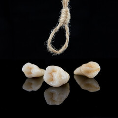 Premolar and canine tooth after removal with roots with thread on a black background.