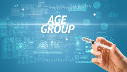 Syringe needle with virus vaccine and AGE GROUP inscription, antidote concept