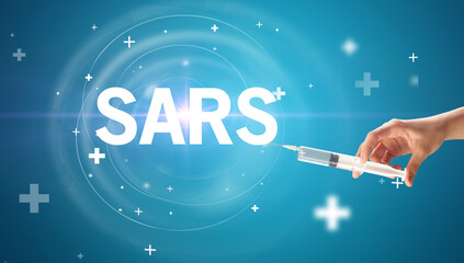 Syringe needle with virus vaccine and SARS abbreviation, antidote concept