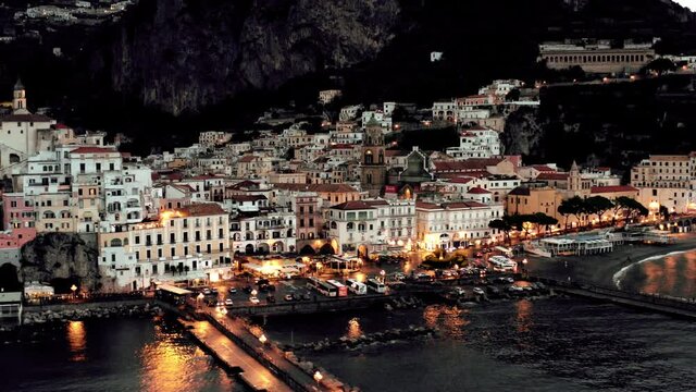 Aerial view on Amalfi coast in Italy at evening.