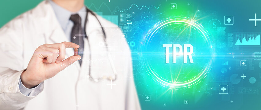 Close-up of a doctor giving you a pill with TPR abbreviation, virology concept