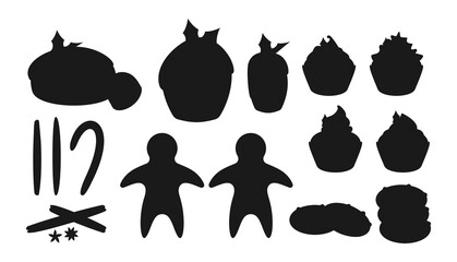 Christmas sweets food black silhouette icons set. Winter dessert. Traditional treat pudding, cupcake, gingerbread man. Tasty celebration snack New Year holiday. Isolated on white vector illustration.