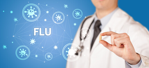 Doctor giving pill with FLU inscription, coronavirus concept