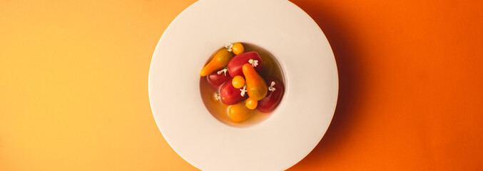 photograph of fancy tomato salad in a white bowl dish 