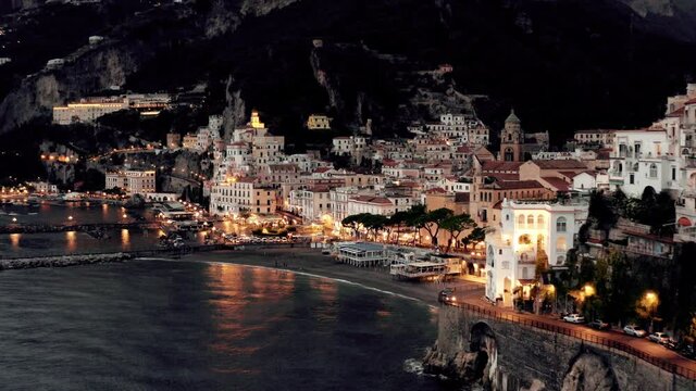 Aerial view on Amalfi coast in Italy at evening.