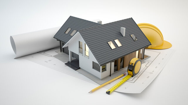 House model on the plans, architecture concept - 3d illustration