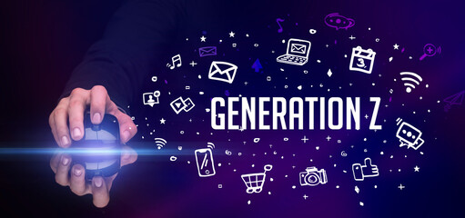 hand holding wireless peripheral with GENERATION Z inscription, social media concept