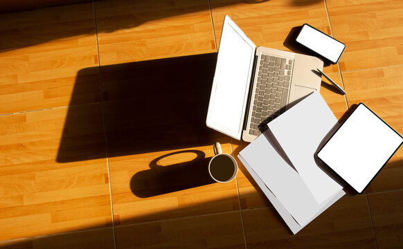 Technology digital mock up blank empty white isolated background copy space computer notebook tablet pc laptop smartphone mobile paper report work templete  business marketing infographic company note