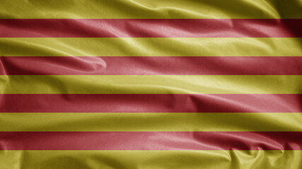Catalonia flag waving in wind. Close up of Catalan banner blowing. Cloth texture