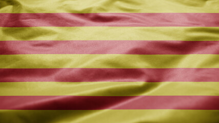 Catalonia flag waving in wind. Close up of Catalan banner blowing. Cloth texture