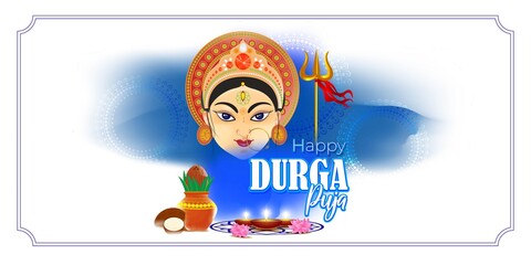 illustration of Goddess Durga Face in Happy Durga Puja, Subh Navratri, maa, abstract background with text Durga puja means Durga Puja
