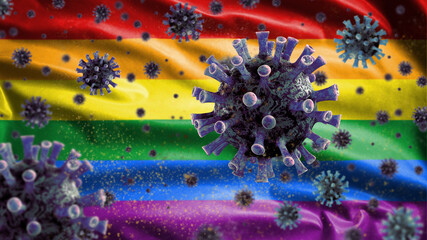 Pride gay flag waving with Coronavirus. Covid 19 virus with LGBT rainbow banner