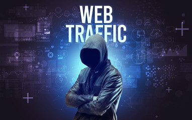 Faceless man with WEB TRAFFIC inscription, online security concept
