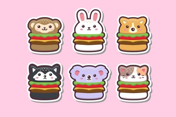 Cute Kawaii Animal Burger Drawing sticker set