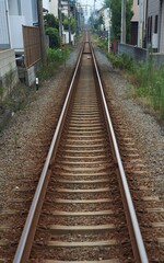 Fototapeta na wymiar 街の中を通るまっすぐな線路。鉄道のレール。
